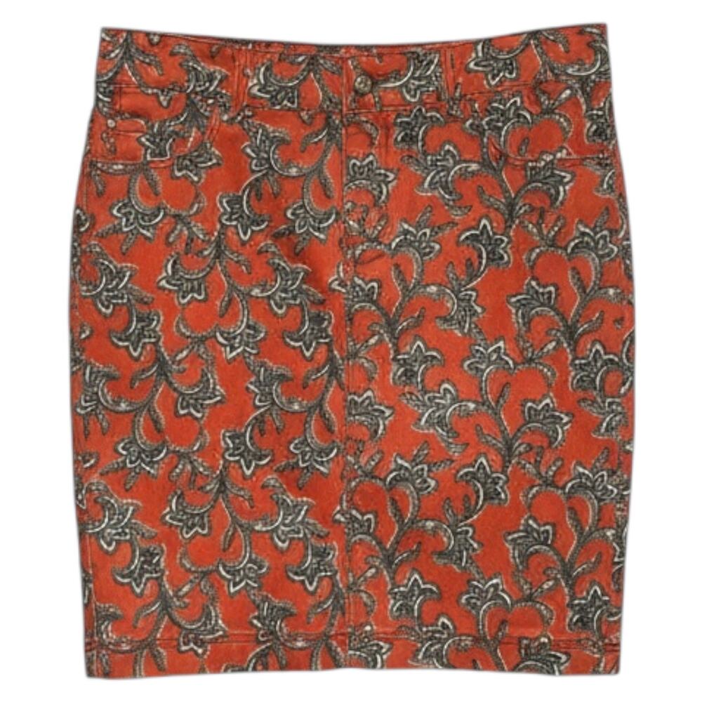 Pilcro Anthropologie Coral Paisley Denim Pencil Skirt Rust Red 29